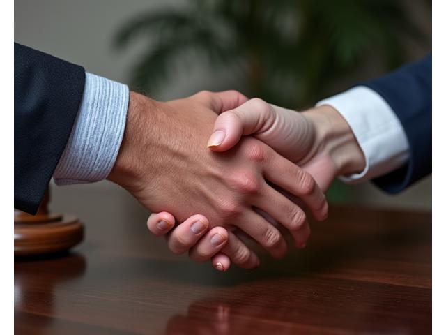 Two hands shaking above a stylized legal gavel, representing dispute resolution and fair agreements.