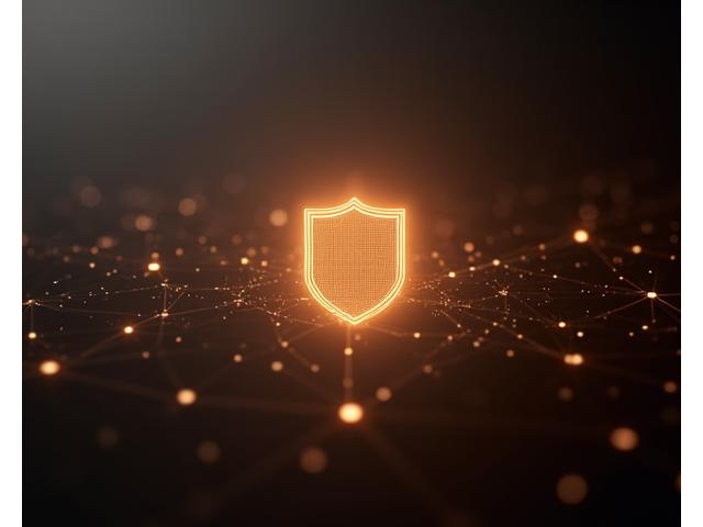 Abstract digital lock icon glowing on a dark cybersecurity background, representing website security and intellectual property protection.